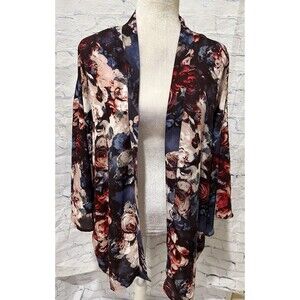 Laurie Felt Women's Open Front Printed Kimono Cardigan Navy Floral Plus Size 1X